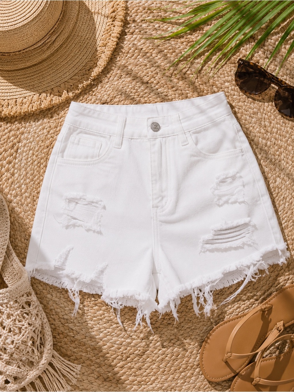 White High-Rise Distressed Denim Jean Shorts